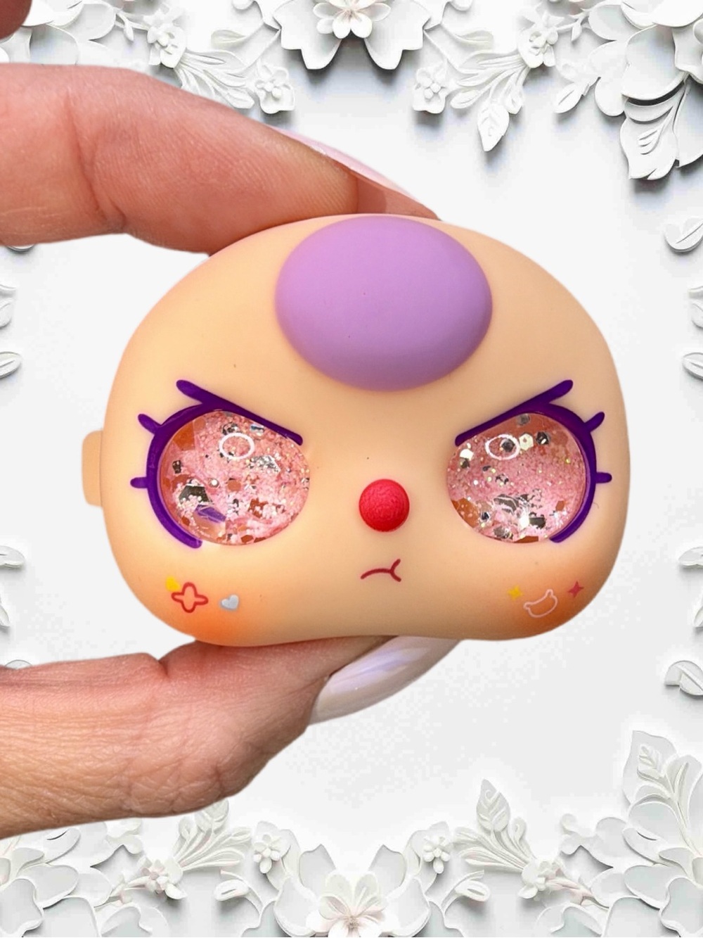 Baby Three 100% Face Purple Hair Pink Silver Glitter Eyes Butterfly Background 🩷